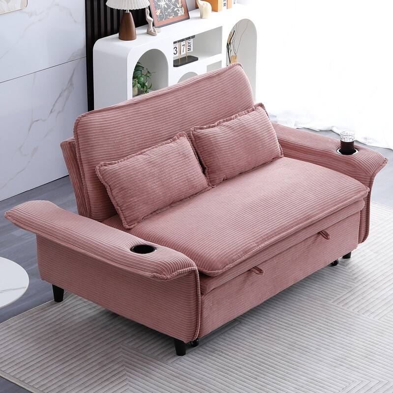 65.7" Corduroy Upholstered Pull-out Sofa With Cup Holder