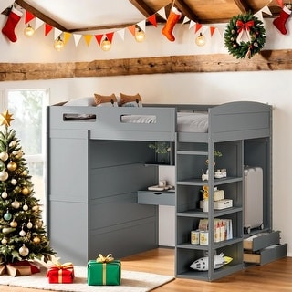 Full Size Loft Bed with Built-In Desk with Top Shelf, Wardrobes, Left-Side Storage and 4 Drawers and 4 Shelves