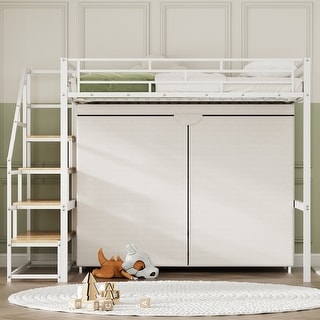 Full/Twin Size Metal Loft Bed with Wardrobe and Storage Shelves for Kids