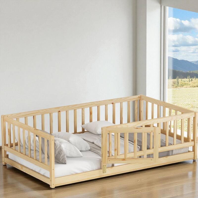 Twin/Full Montessori Floor Bed with Slats, Fence and Door, Wood Low Kids Bed for Girls and Boys, No Box Spring Needed