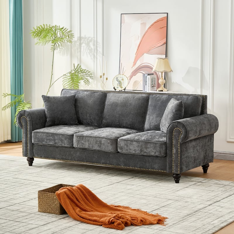 Living Room Deep Seat Rolled Arms Sofa Chenille Upholstered 3 Seater Couch with Wood Legs, Nailhead Trim and Pillows