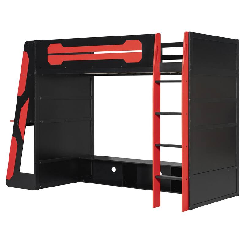 Twin Size Wood Loft Bed with Desk, Multi-storage Shelves and RGB Light