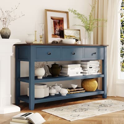 Retro Design Console Table with Two Open Shelves, Pine Solid Wood Frame and Legs