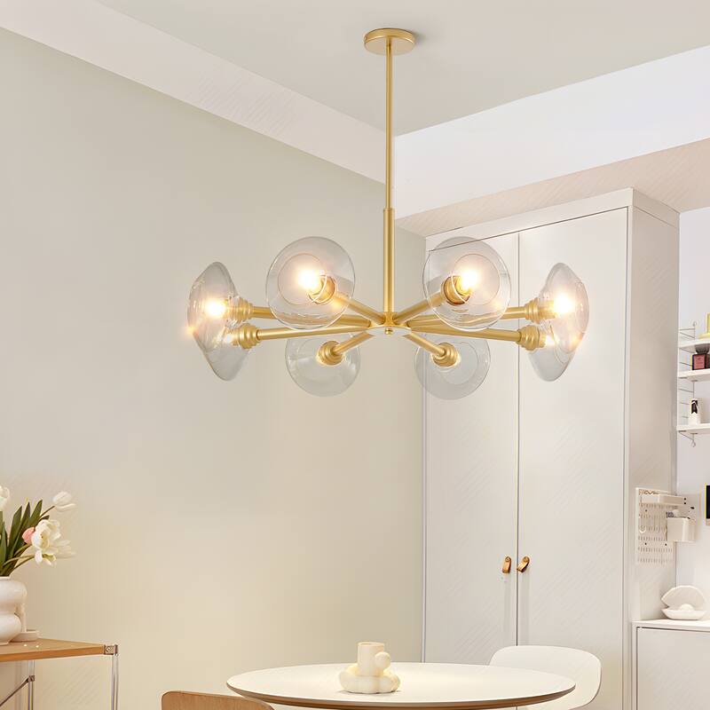 36" Modern Gold 8-Light Sputnik Chandelier with Clear Glass Shades, Mid-Century Hanging Pendant Light Fixture for Dining Room