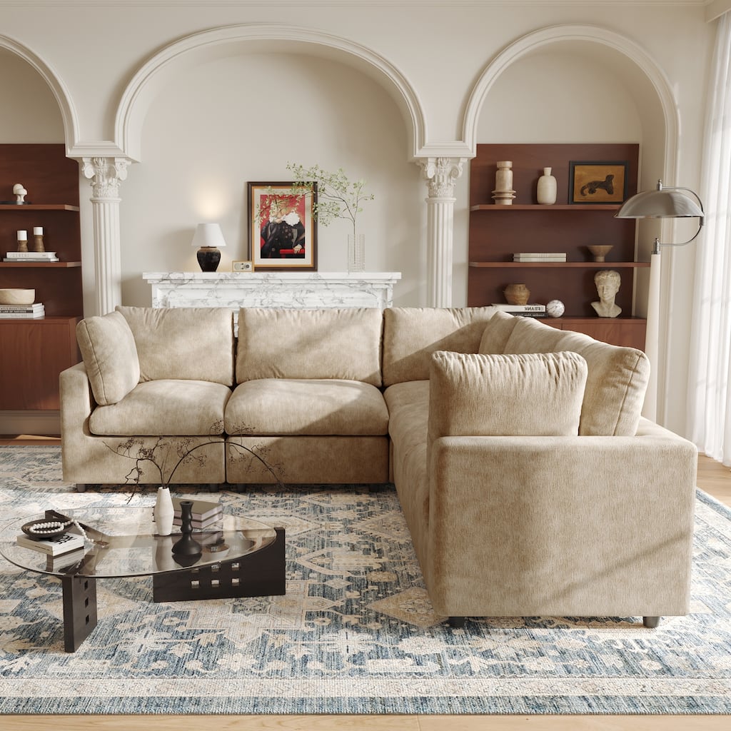 5 Seat L-Shaped Sectional Sofa chenille Fabric Upholstered Couch with Removable Cushions Modern Living Room Furniture