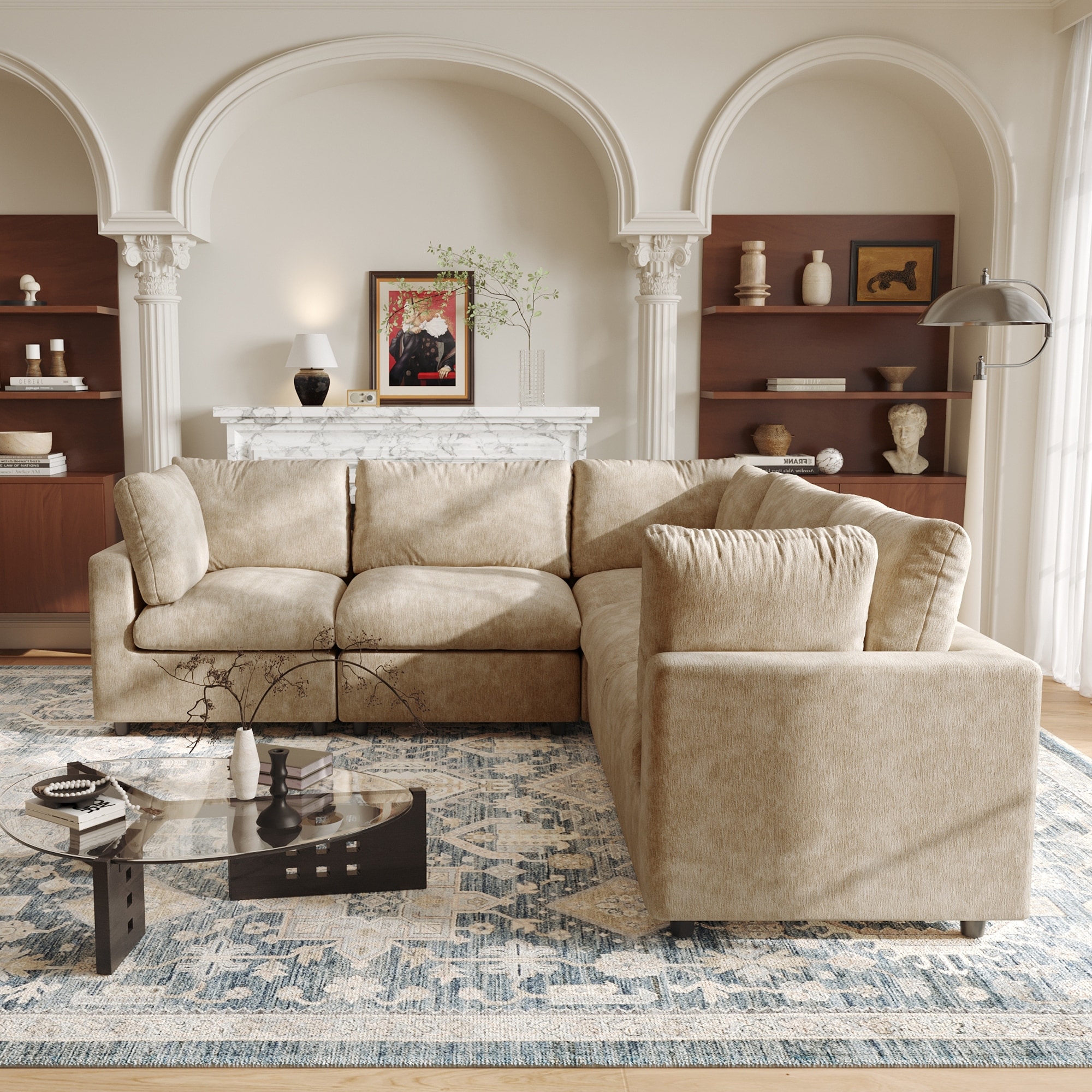 5 Seat L-Shaped Sectional Sofa chenille Fabric Upholstered Couch with Removable Cushions Modern Living Room Furniture