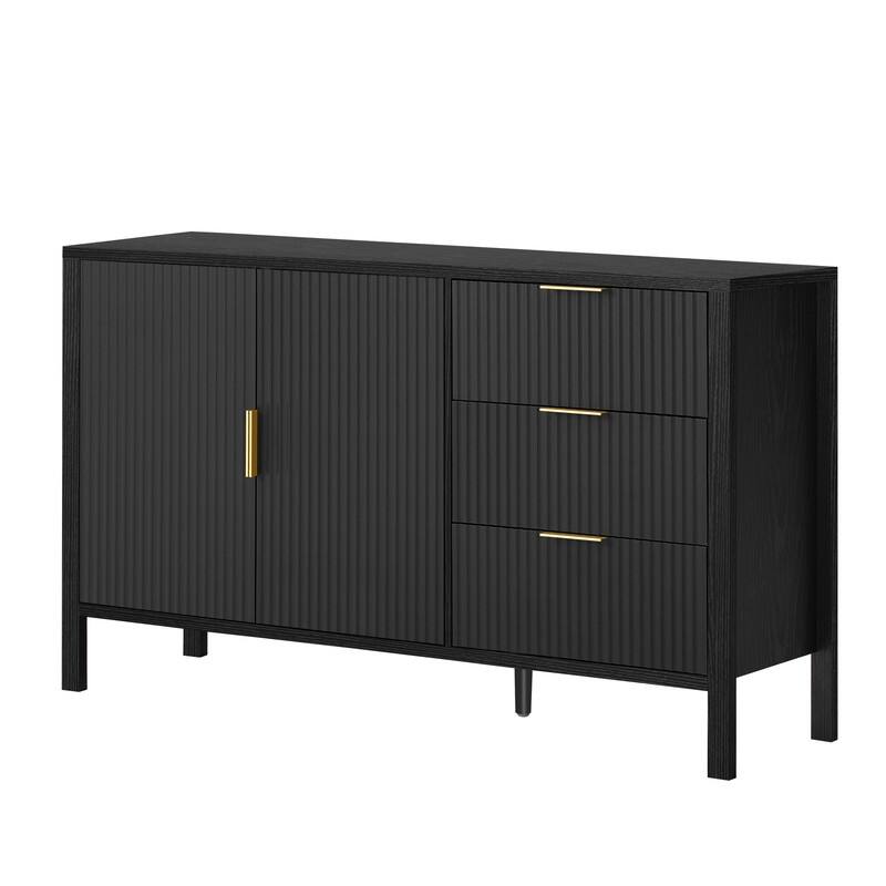 Modern Fluted 2-Door Sideboard with 3 Storage Drawers and Adjustable Hooks for Living Room,Entryway,Hallway