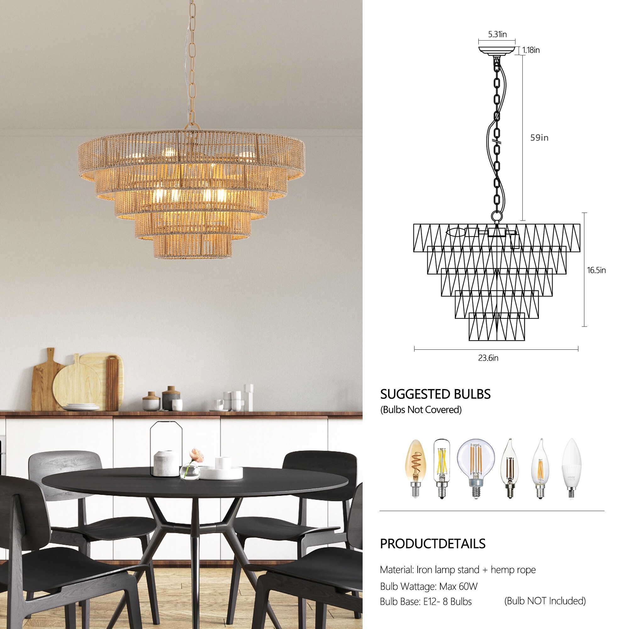 Bohemian style Woven Pendant Light 23.6 Inch Rattan Ligh Large Rattan Pendant Light with 5 Tier Rattan Chandelier On Sale Bed Bath Beyond 40268380