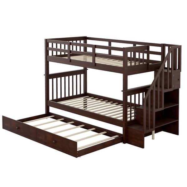slide 2 of 48, Functional Design Wood Bunk Bed with Trundle, Storage Staircases and Guardrails for Safety Guaranteed Espresso