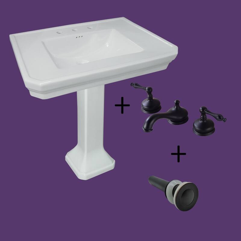 Victorian 32" Large Pedestal Sink Wall Mounted White Porcelain Sink with Black Plated Brass 8" Widespread Faucet and Drain