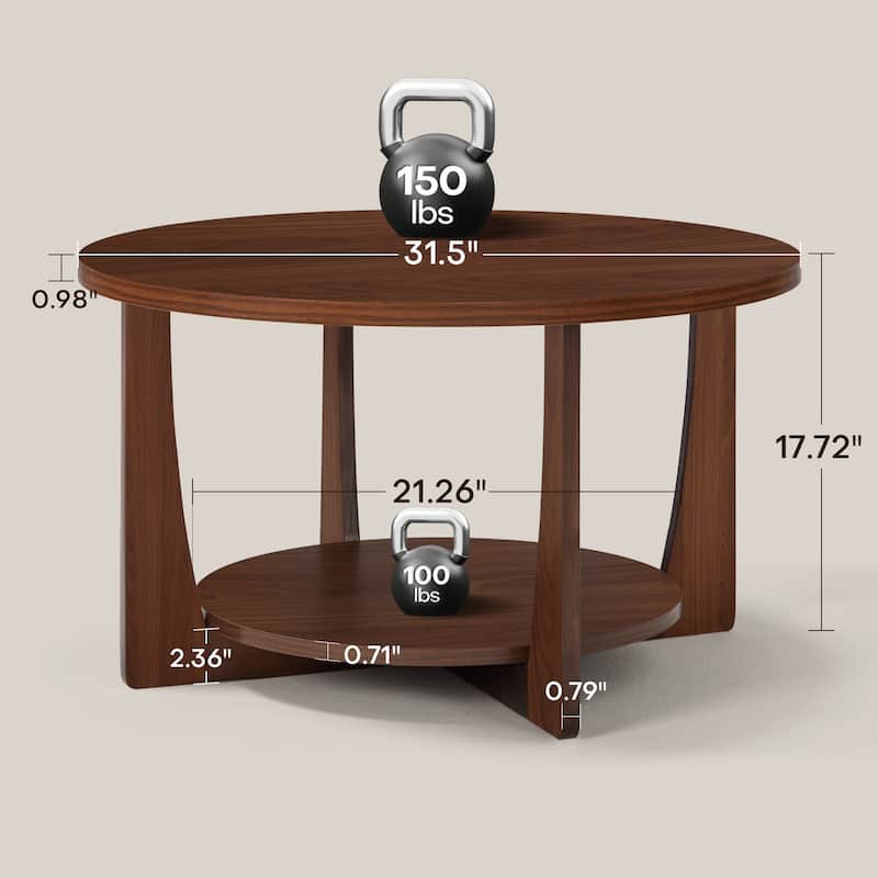 31.5" Round Coffee Table with Solid Wood Legs and 2-Tier Storage - 31.5"Dia x 17.72"H