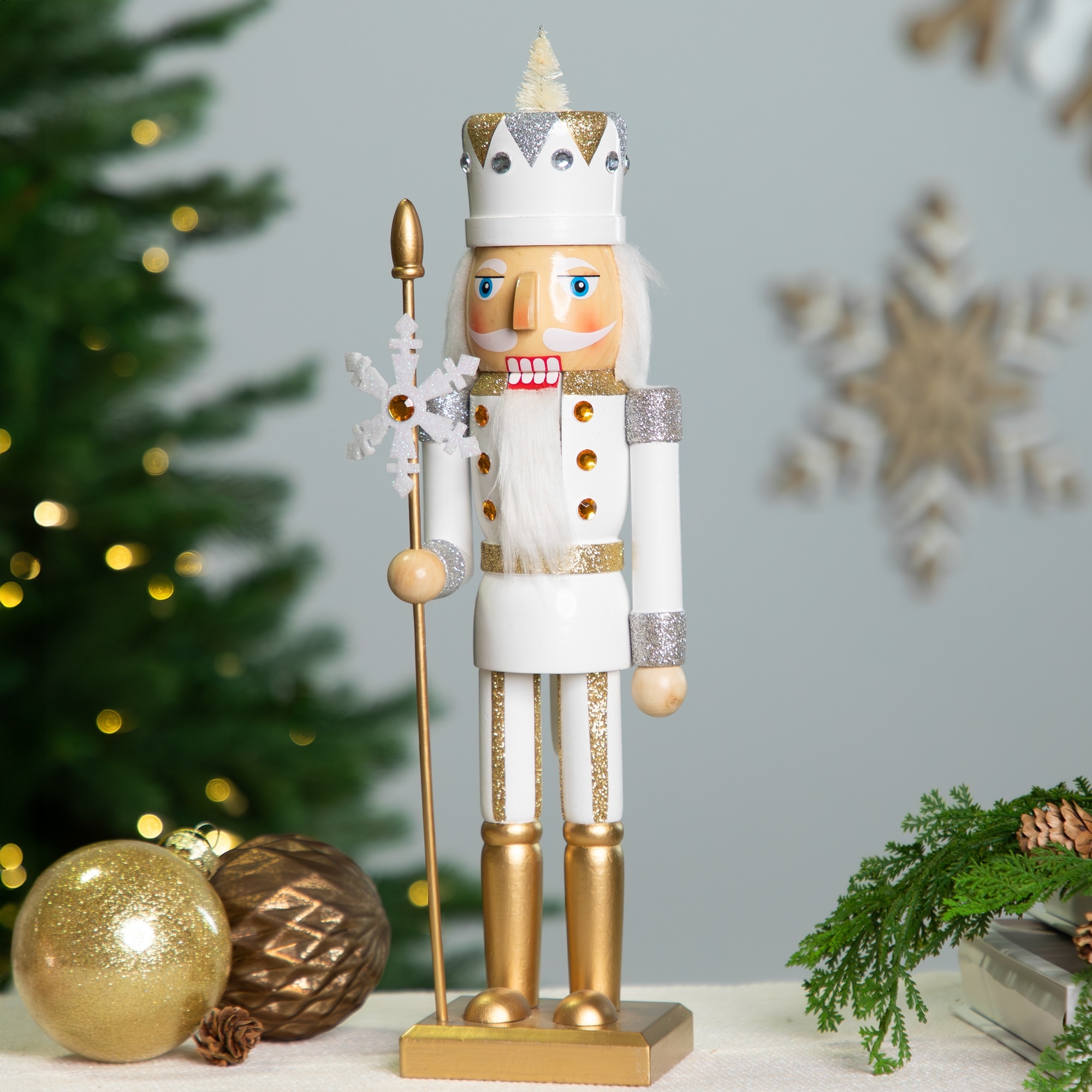 Glittered Nutcracker with Snowflake Scepter Christmas Figure 15" White