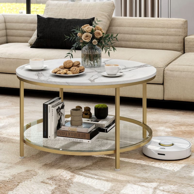 Moasis 31.5" Round Coffee Table, Marbling Goldtone 2-Tier Center Table with Storage Open Shelves - White/Glass Shelf