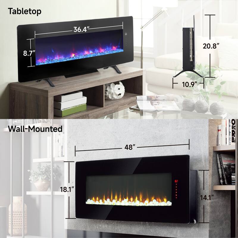48" Curved Electric Fireplace Wall Mounted or Tabletop, Remote, Multi-Color Flames, Adjustable Heat and Backlight