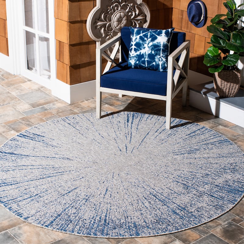 SAFAVIEH Courtyard Sabaha Indoor/Outdoor Waterproof Patio Backyard Rug - 6'7" Round - Navy/Grey