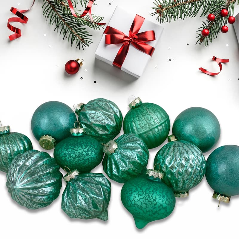 Finial and Glass Ball Christmas Ornaments - 3.25" - Green - Set of 12