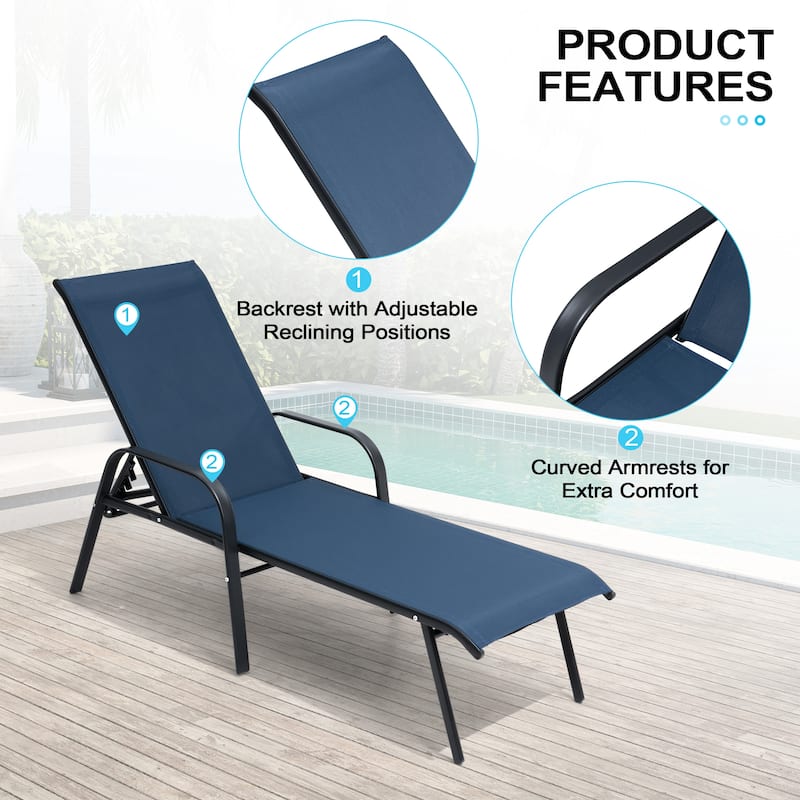 Crestlive Products Outdoor Adjustable Reclining Chaise Lounge Chair with Armrest