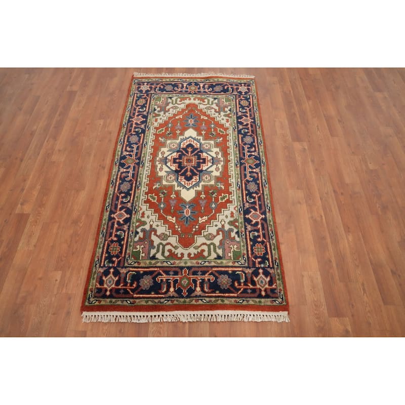 Hand Knotted Oriental 100% Wool Carpet Traditional Medallion Oranges & Rust Heriz (serapi) Area Rug - 5' 2'' X 2' 10''