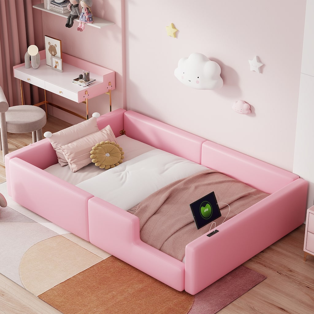 Pink Twin Upholstered Platform Bed with Guardrail & Charging Station - Safe & Tech-Friendly!