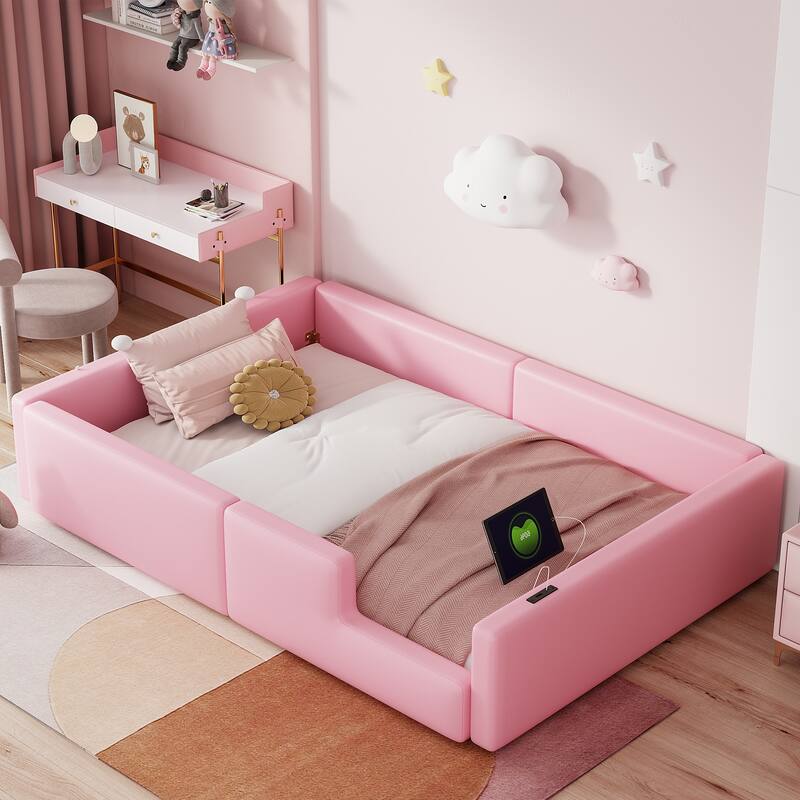 Roomfitters Twin Size Upholstered Floor Bed with USB Charging Ports and High Guardrails, Modern Padded Bed Frame - Pink
