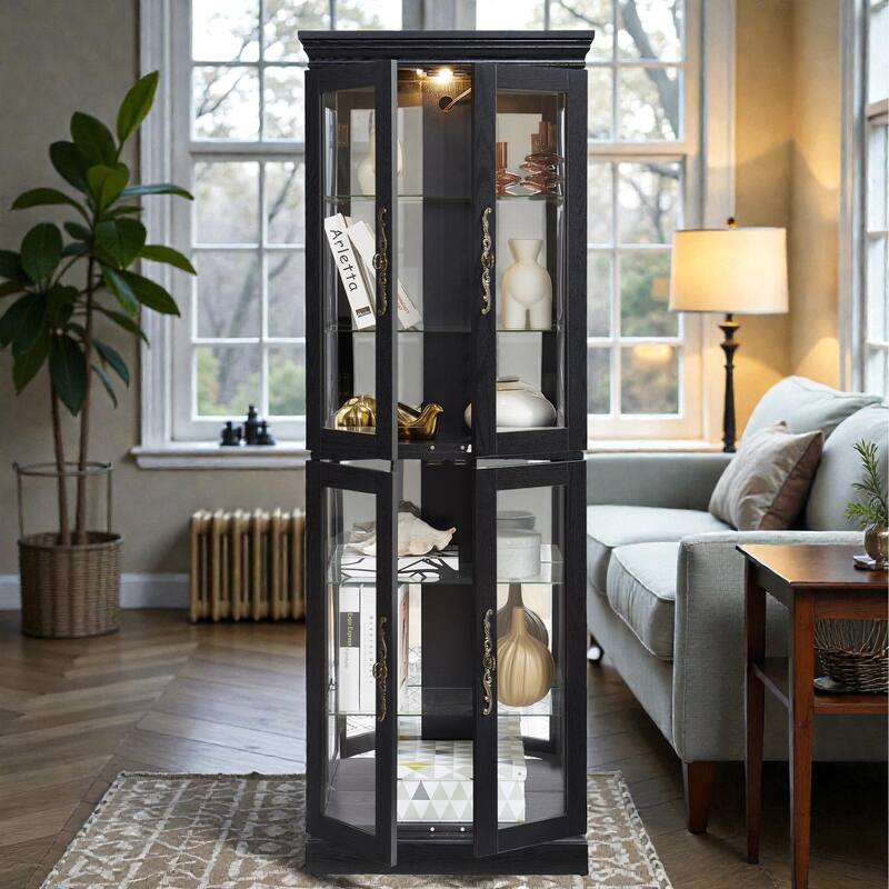 Lighted Glass Curio Display Cabinet with Wooden Frame, 6-Tier Storage for Collectibles, Wine, Toys, Living Room Display