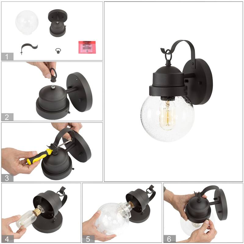 Bern 1-Light Black Outdoor Wall Sconce Glass Exterior Lantern Light - L 6"x W 7"x H 11"
