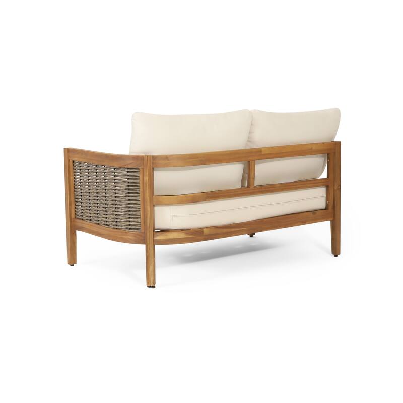 Burchett Acacia Wood and Round Wicker Outdoor 5 Seater Sectional Sofa Set with Cushions by Christopher Knight Home