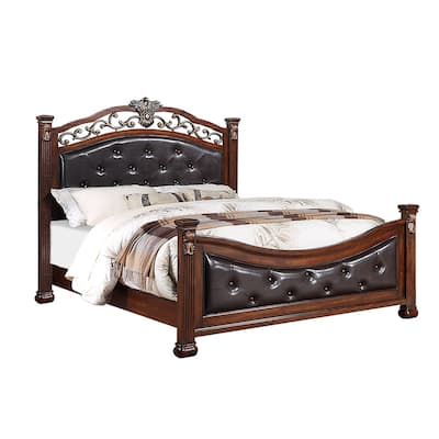 Bed with Crafted Upholstered Headboard in Dark Cherry