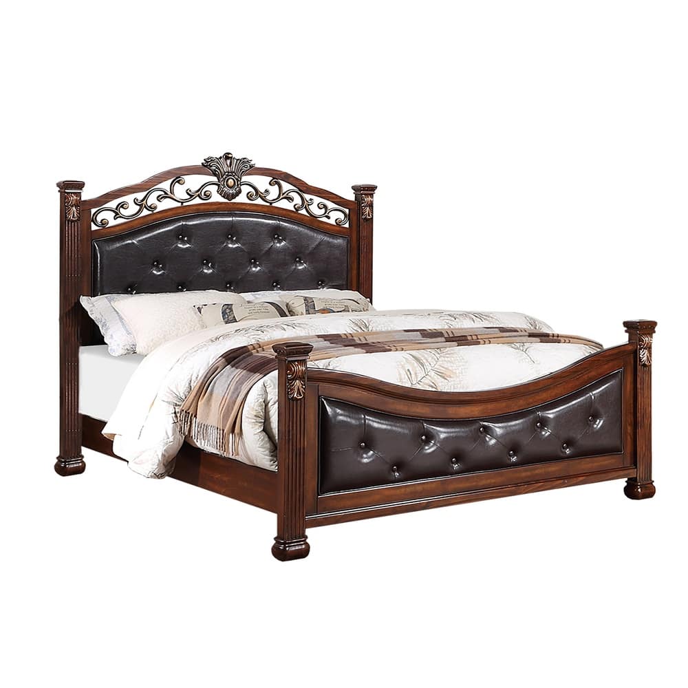 Bed with Crafted Upholstered Headboard in Dark Cherry