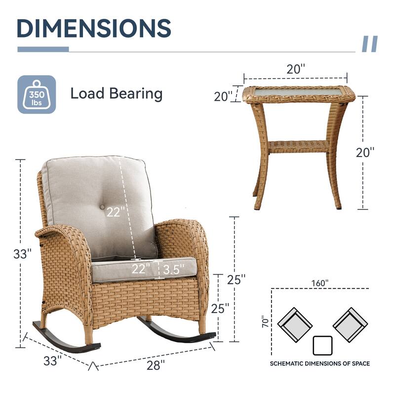 Gymojoy Patio Furniture Set PE Wicker Rocking Chairs & Side Table