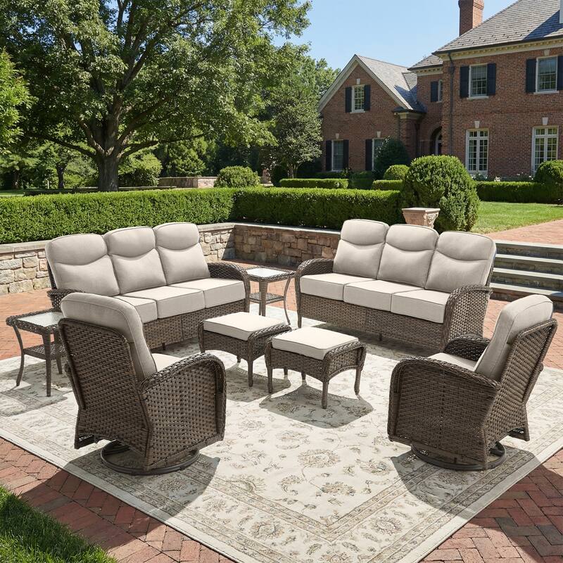 Pocassy Outdoor Wicker Patio Sofa with Swivel Chair Ottoman Sets - Brown Wicker Beige Cushion - 8-Piece Sofa Swivel Chair Table with Ottoman