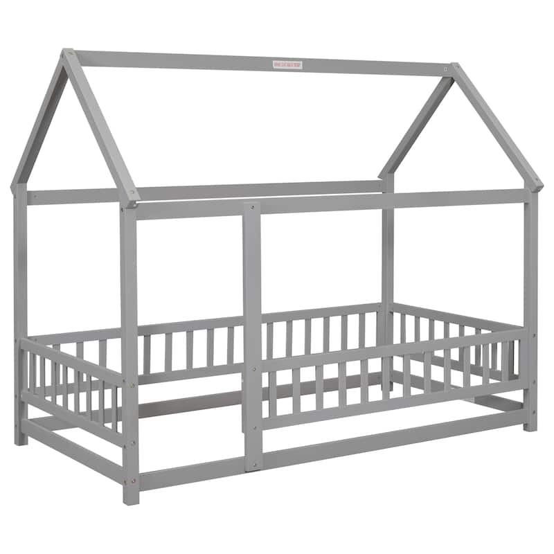 Twin Size Floor Wooden Bed with House Roof Frame
