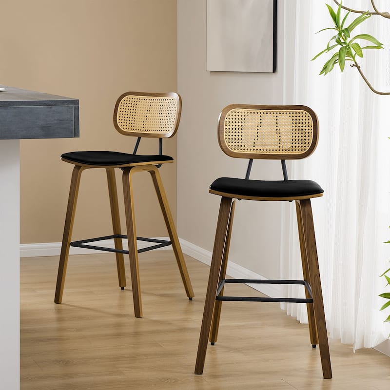 26-inch Wood Counter Height Bar Stools with Rattan Back