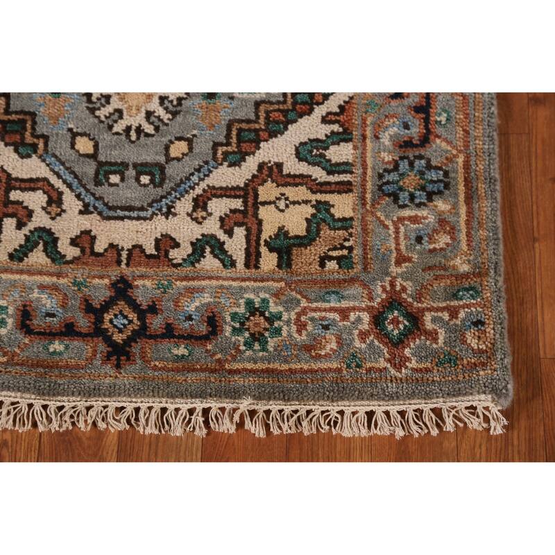 Gray Geometric Heriz Serapi Indian Runner Rug Hand-Knotted Wool Carpet - 2'7" x 7'11"