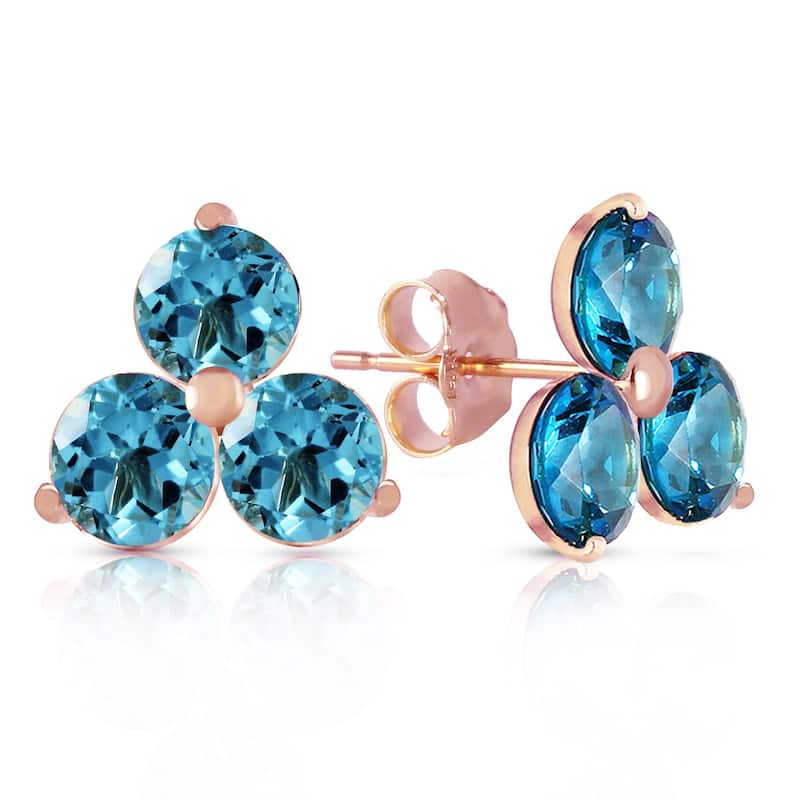 14K Solid Gold Stud Gemstone Earrings Natural Blue Topaz Jewelry - Rose