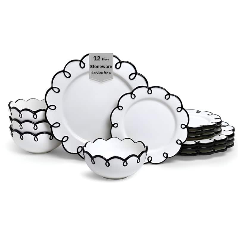 Sango Splash of Cheers 12-Piece Earthenware Dinnerware Set for 4- White with Black Scalloped Rims