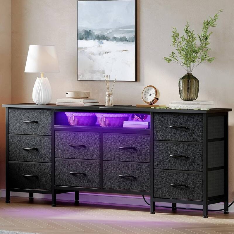 63 Inch Long Dresser TV Stand with 10 Fabric Drawers for 65-75 Inch TVs - Black