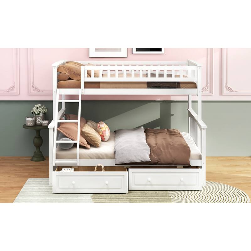 Wooden Storage Bunk Bed Frame with Fence-shaped Guardrails and Pull-out Drawers, Convertible 2 Platform Beds, Detachable Design