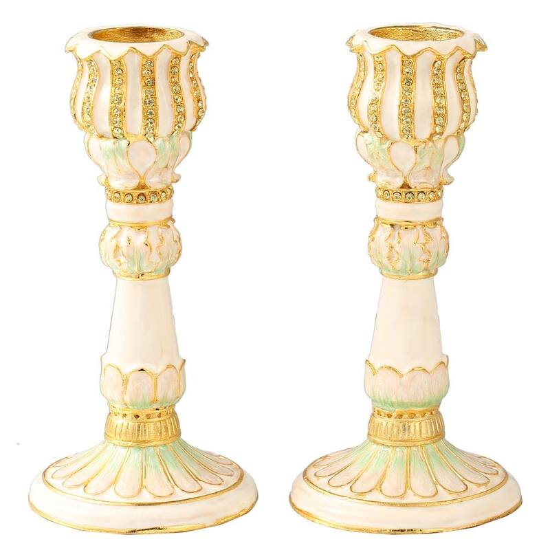 Matashi Shabbat Candlestick (2-Pcs Set) Hand-Painted, Gold-Plated Pewter Ivory w/ Petal Design, Personal or Religious Enjoyment