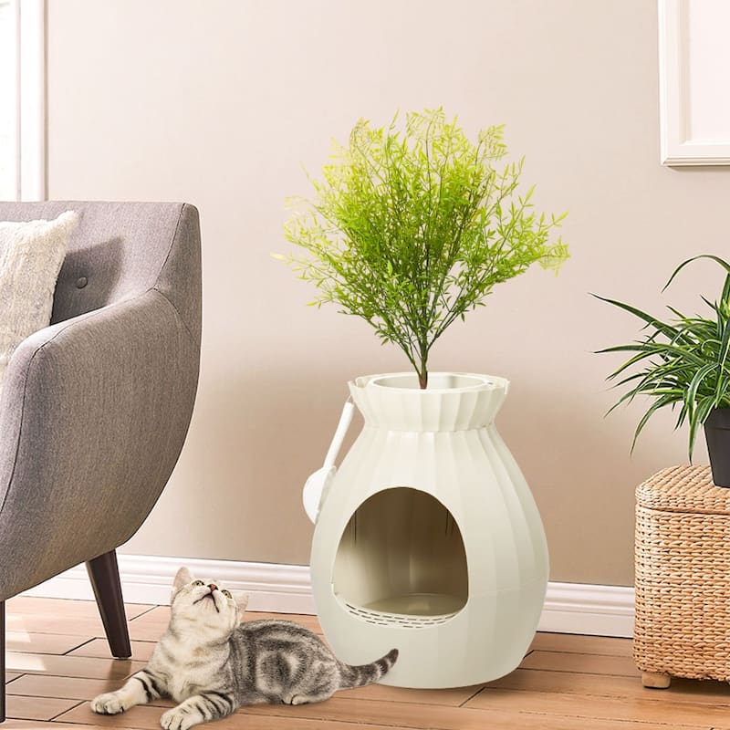 EROMMY Hidden Cat Litter Box Enclosure with Artificial Plants, Plasma Sterilization System