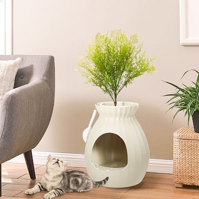 EROMMY Hidden Cat Litter Box Enclosure with Artificial Plants, Plasma Sterilization System