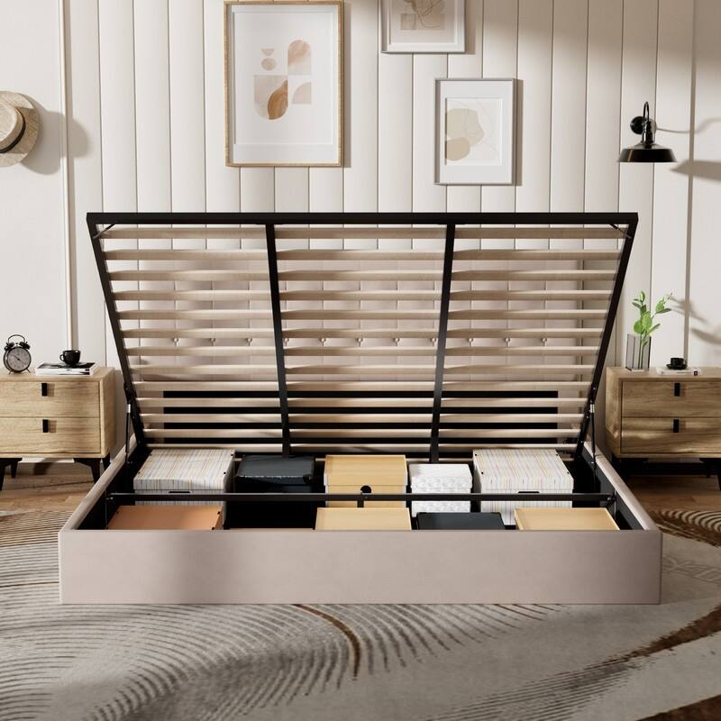 Plywood Frame Upholstered Platform Bed with Lift-up Storage