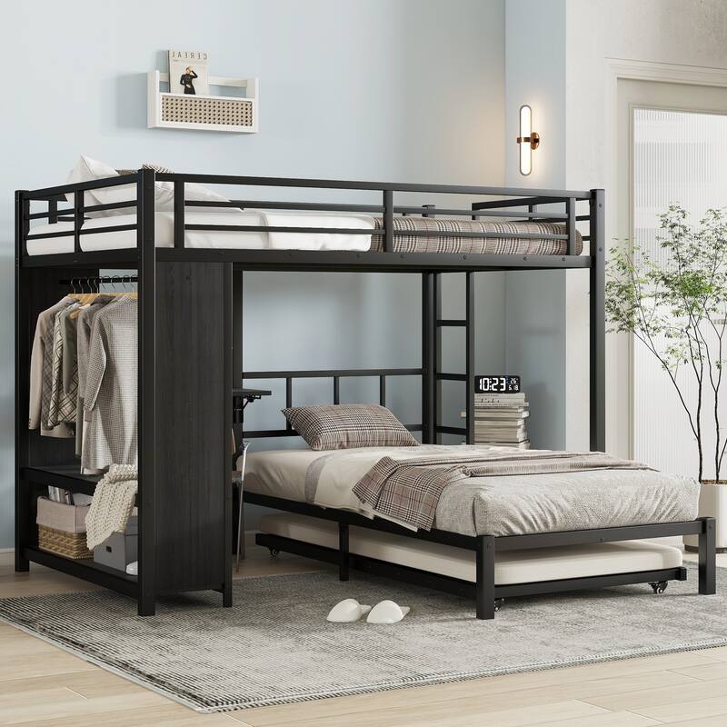 Full over Twin Bunk Bed with Wardrobe - Space-Saving Metal Bunk Bed with Trundle, Desk & Safety Rails for Growing Families - Black