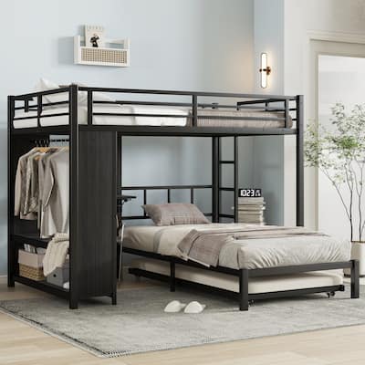 Full-over-Twin Metal Bunk Bed with Built-in Wardrobe, Trundle and Foldable Desk
