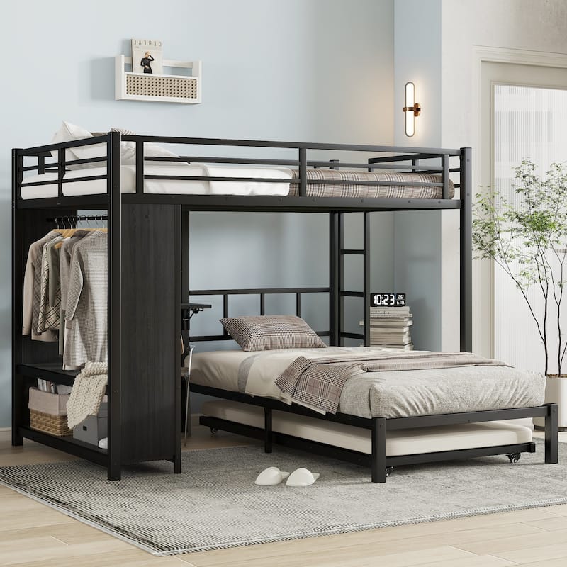 GDFStudio - Connor Metal Bunk Bed with Built-in Wardrobe, Trundle & Foldable Desk - Black + Full over Twin