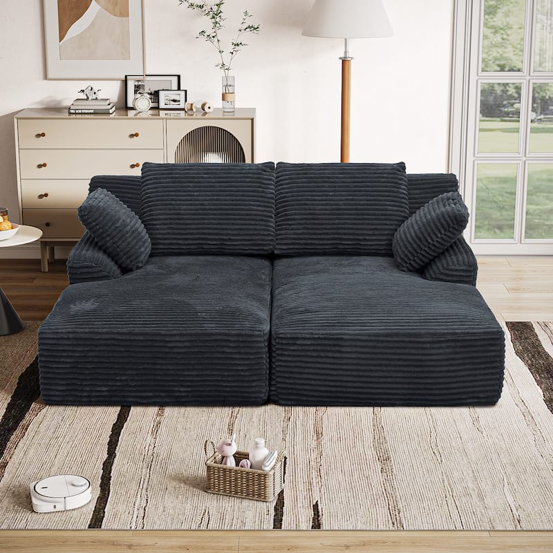 Fluffy Double Chaise Lounge Set Plush Corduroy Sleeper Sofa Bed - Black