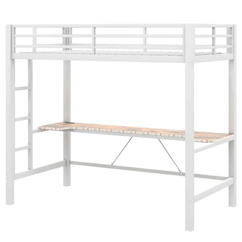 Gaming Loft Bed with RGB LED Light & USB Charge Station, Metal Loft Bed Frame w/Built-in Desk & Full-Length Guardrails