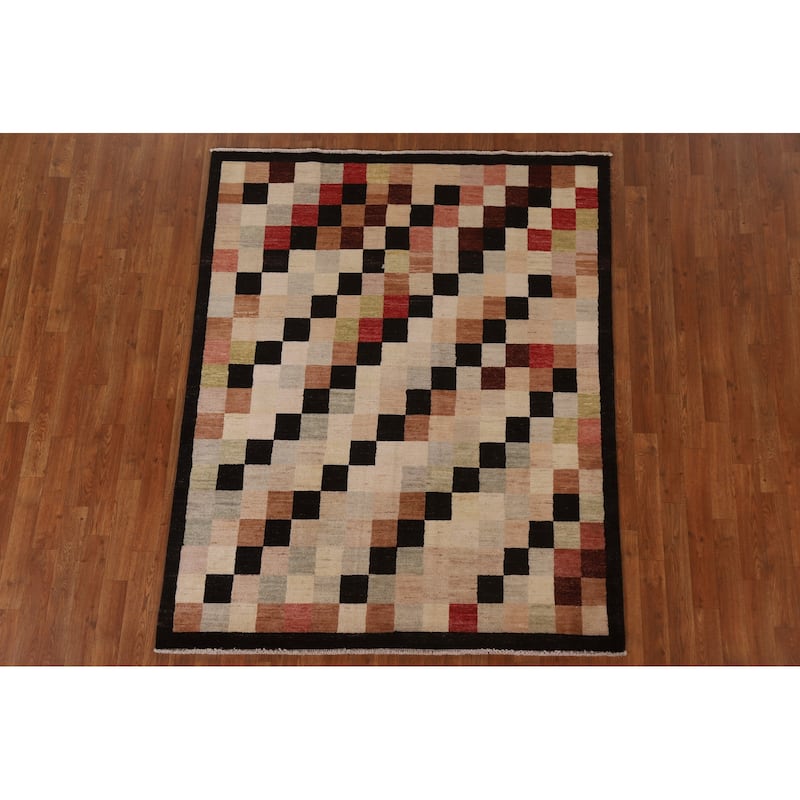 Modern Checkered Gabbeh Kashkoli Area Rug Hand-knotted Wool Carpet - 5'0" x 6'2"