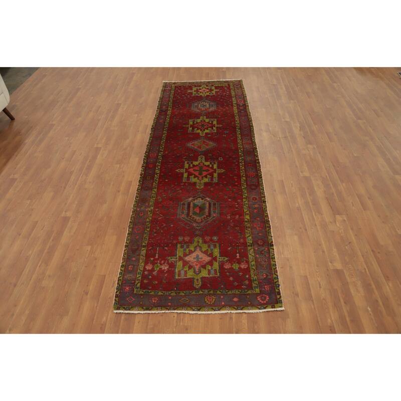 Hand Knotted Oriental 100% Wool Carpet Traditional Geometric Red Heriz Runner Rug - 11' 2'' X 3' 8''