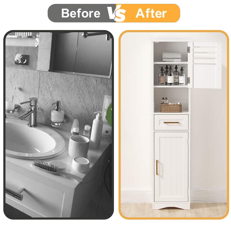 Tall Bathroom Floor Storage Cabinet withDrawer, Narrow Slim Freestanding Cabinet with 5 Adjustable Height Shelf